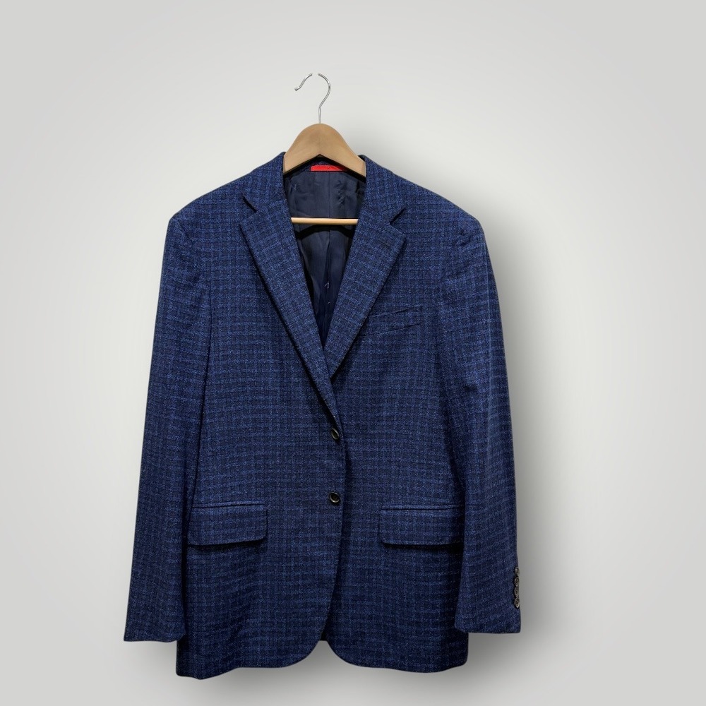 Isaia Napoli Blue Wool Silk Cashmere Check Sport Coat Blazer‎ Made in Italy 52R